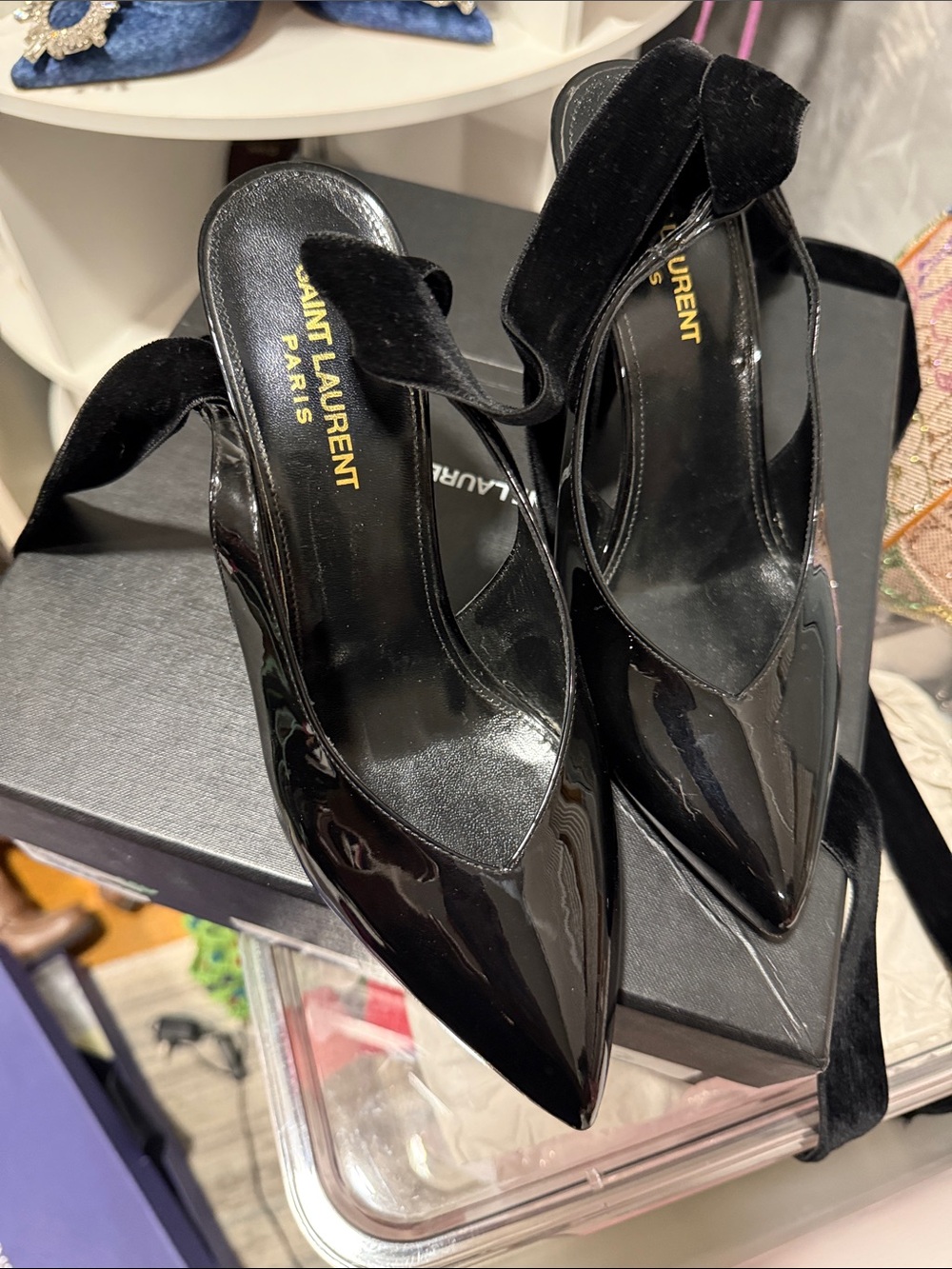 Saint Laurent Black Patent Pointed Slingback Pumps with Velvet Strap